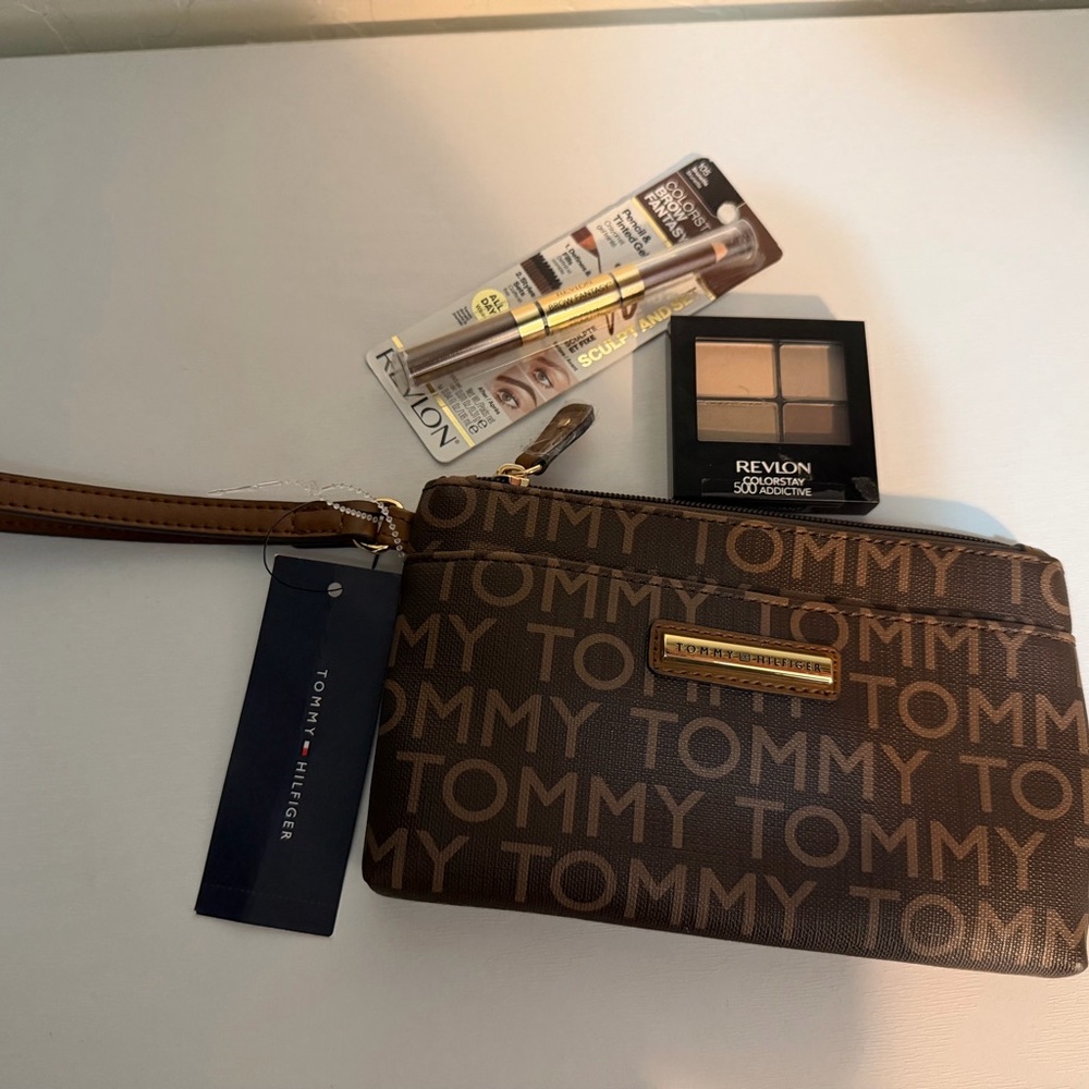 Tommy Hilfiger Brown Logo Wristlet with Gold Plaque